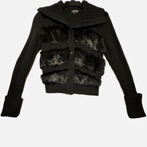 Y2K Morgan de Toi Women’s Black Knit Sweater Real Rabbit Fur Trim Size T1 (S)